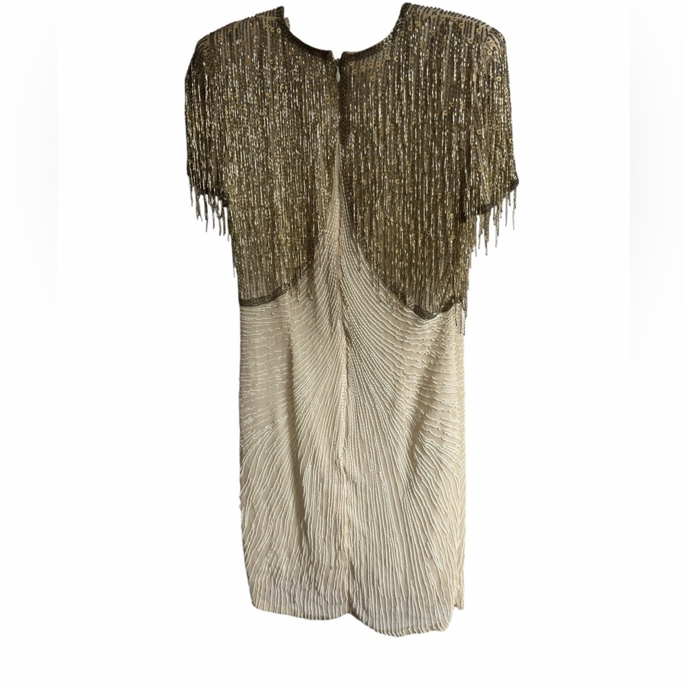 Vintage 100% Silk Beaded Gold Silver Fringe Cocktail Flapper Dress Short Sleeved - Picture 4 of 10